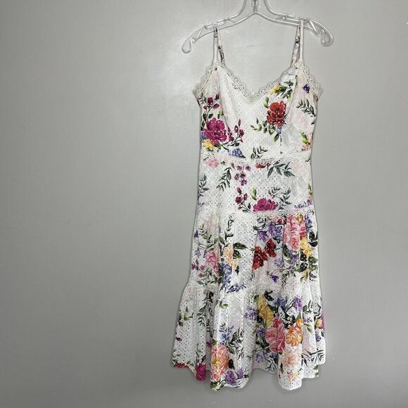 MARCHESA NOTTE Dress Womens 4 Floral Eyelet Trim Cotton Sleeveless Knee Length - Picture 1 of 11